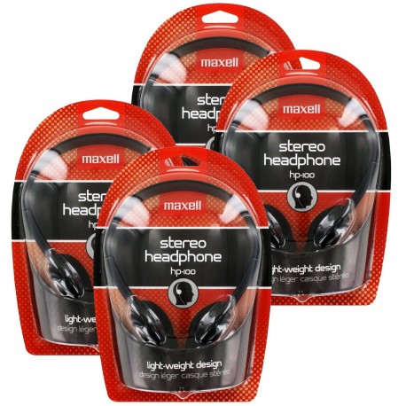 Headphones Maxell HP-100 Portable Stereo Headphones, Lightweight, Black, Pack of 4