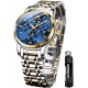 OLEVS Mens Automatic Watches Skeleton Mechanical Self Winding Luxury Dress Wrist Watch Moon Phase Day Date Waterproof Luminous Two Tone Watches Gifts