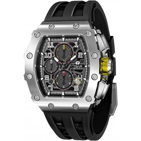TSAR BOMBA Luxury Mens Watches Square Analog 50M Waterproof Tonneau Chronograph Replica Unique Cool Sport Watch for Men Premium Men’s Silver Wrist Wat