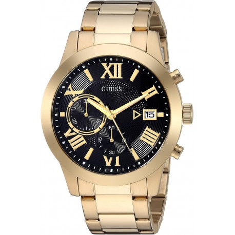 GUESS Gold-Tone Stainless Steel + Black Chronogaph Bracelet Watch with Date. Color: Gold-Tone/Black (Model: U0668G8)