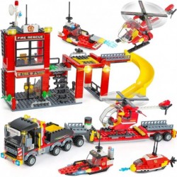 City Fire Station Building Kit, Fun Firefighter Toy Building Set for Kids, W/ Toy Fire Truck, Rescue Helicopter, Boat, Best Learning Roleplay Construc