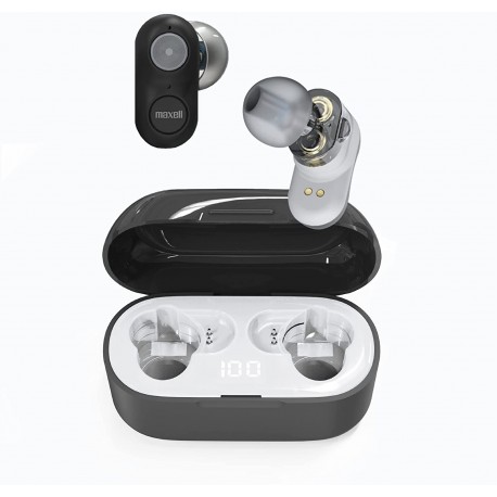 Maxell High Fidelity Dual Driver True Wireless Earbuds, Bluetooth 5.0, 20HRS of Playtime, IPX3 Water Resistant, Black/Grey, (199652)