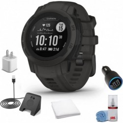 Garmin Instinct 2S - Standard Edition Smart Watch-Graphite + Watch Charging Stand + USB Car Adapter + USB Wall Adapter + LCD Screen Cleaner + Sweat Wo