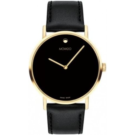 Reloj 0607591 Movado Men's Signature Yellow Gold Watch Concave Dot Museum Dial, Black Strap Model