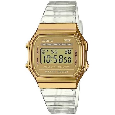 A168XESG-9AVT Unisex Vintage Transparent Band Gold Tone Alarm Chronograph Illuminator Digital Watch