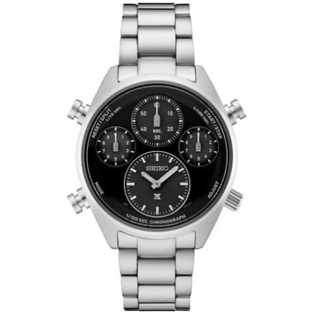 SFJ003 Men's Analog Chronograph Quartz Watch - Black Dial Silver-Tone Stainless Steel Band - Curved