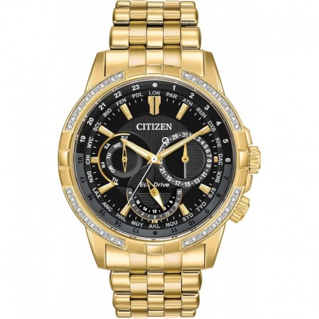 Citizen Men's Eco-Drive Classic Calendrier Watch in Gold-Tone Stainless Steel, Diamonds, Black Dial