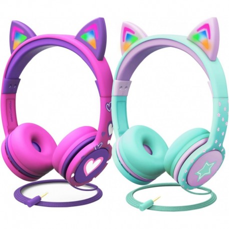 Kids Headphones (2Pack) with LED Cat Ears (Safe Volume Limit 85 dB), 3.5mm On-Ear Wired Headphones w