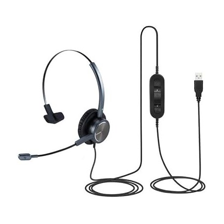 One Ear USB-A Headset with Microphone for PC, Computer Headset with Mic Noise Canceling for Laptop T